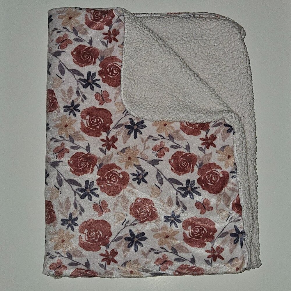 Chick Pea Pink Purple Gray Rose Floral Baby Blanket Soft Fleece Sherpa 30x40
